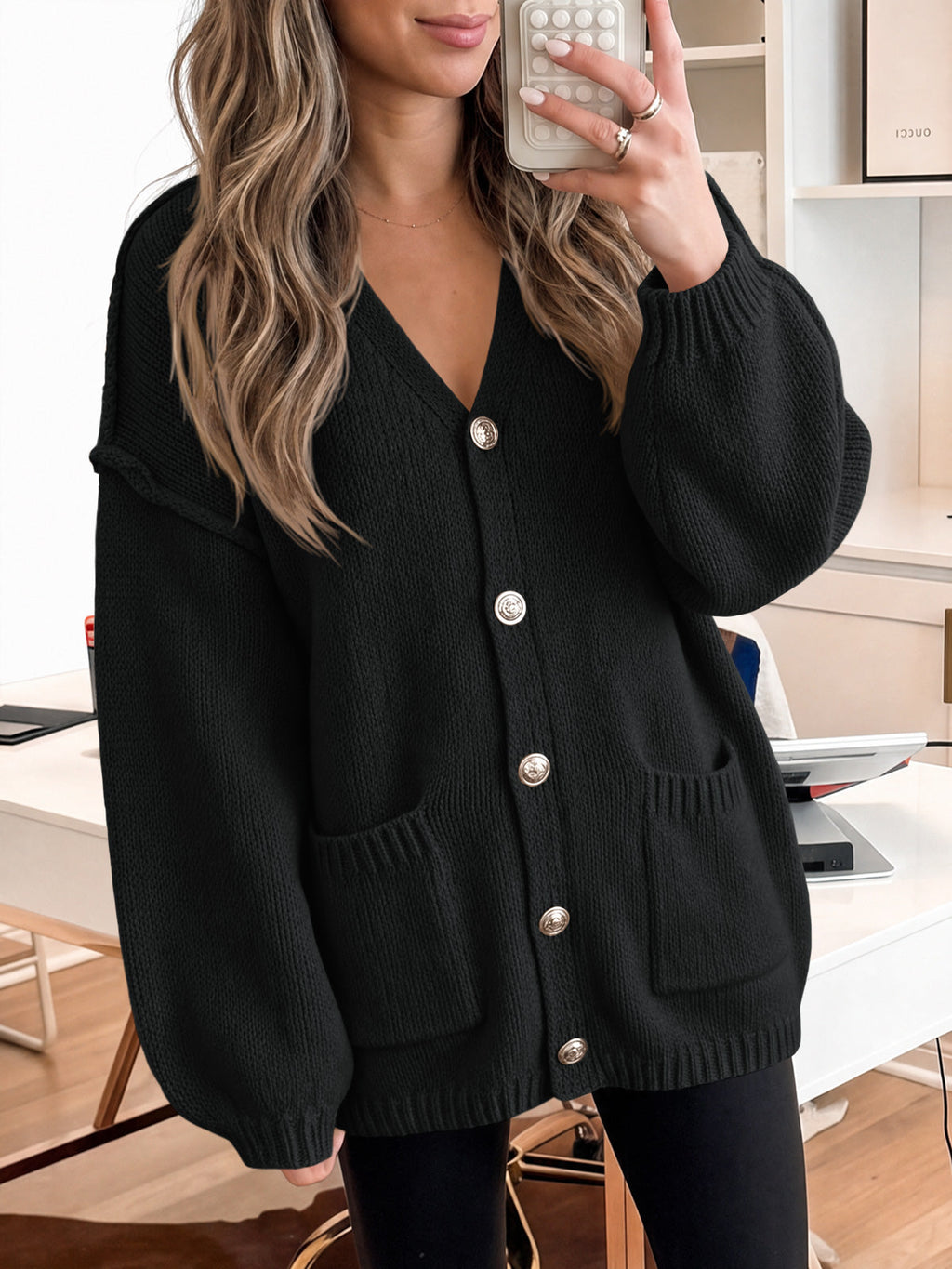 usvara Womens V Neck Loose Button Cardigan
