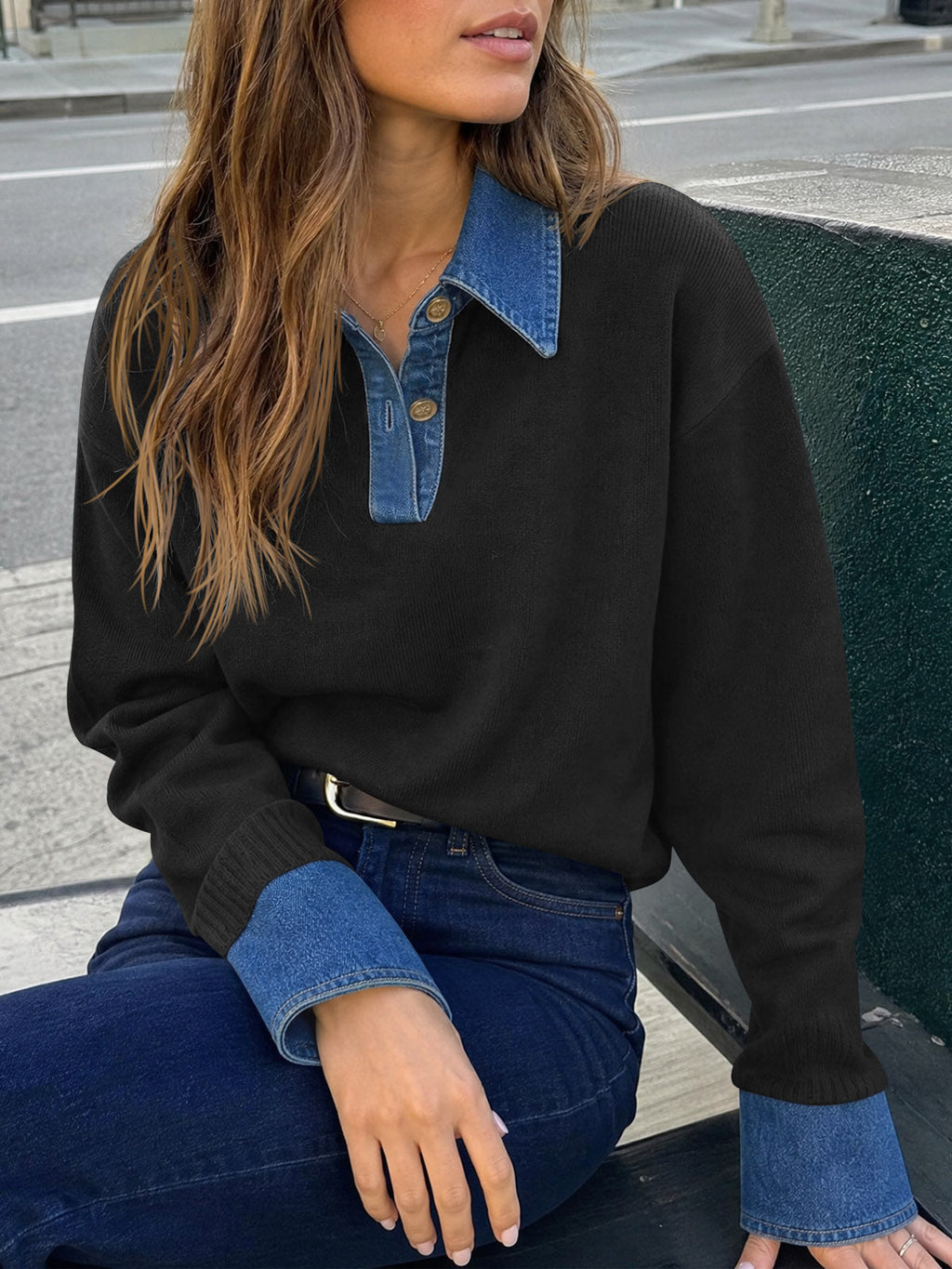 usvara Women Denim Patchwork V Neck Sweater Tops