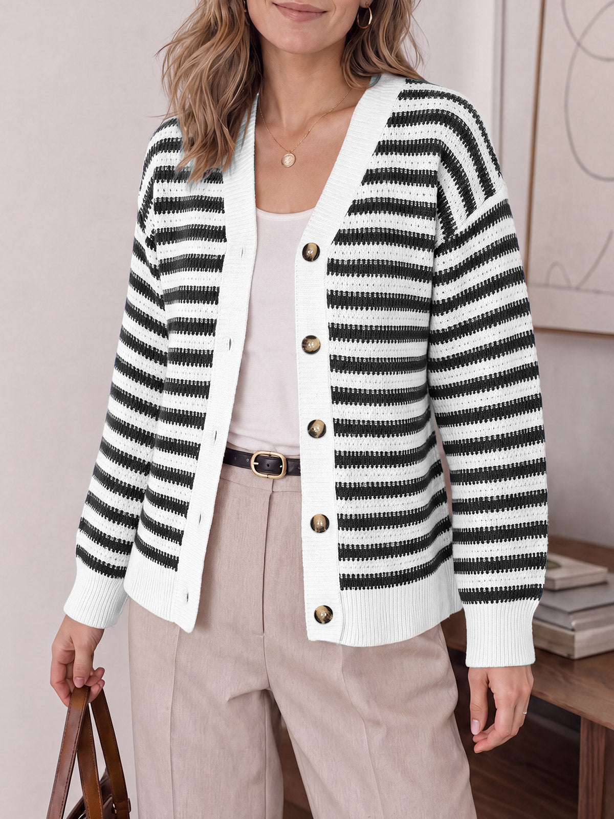 usvara Womens Striped V Neck Cardigan