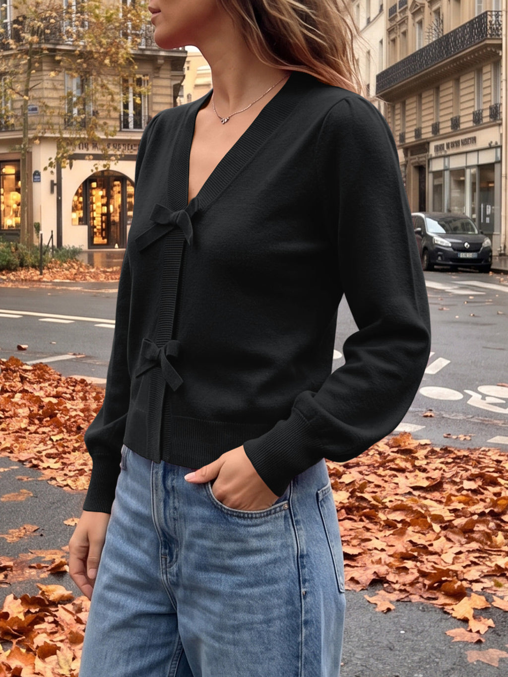 usvara Women V Neck Bow Knit Cardigan