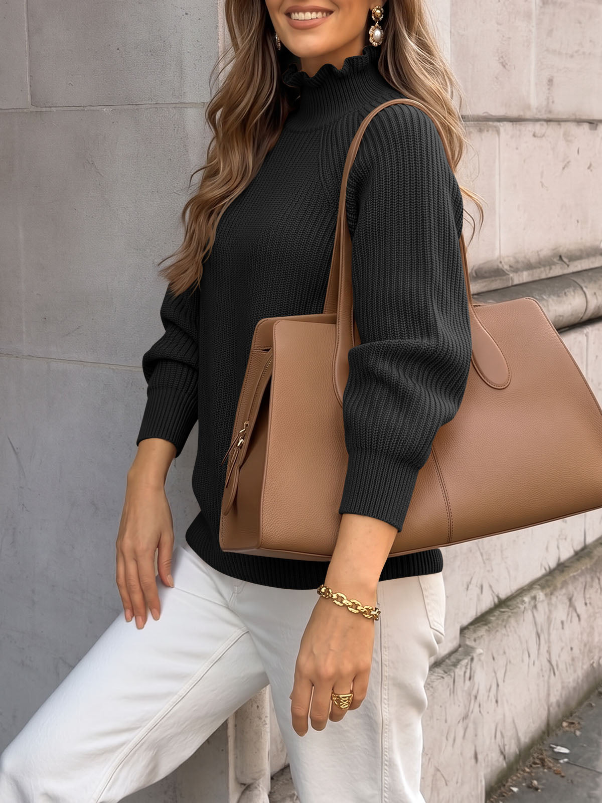 usvara Womens Ruffle Mock Neck Sweater