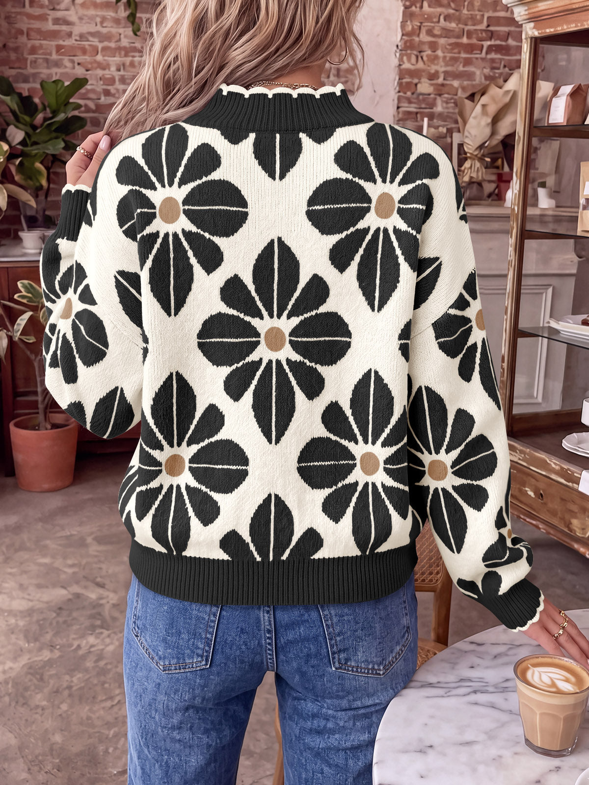 usvara Womens Mock Neck Floral Knit Sweater