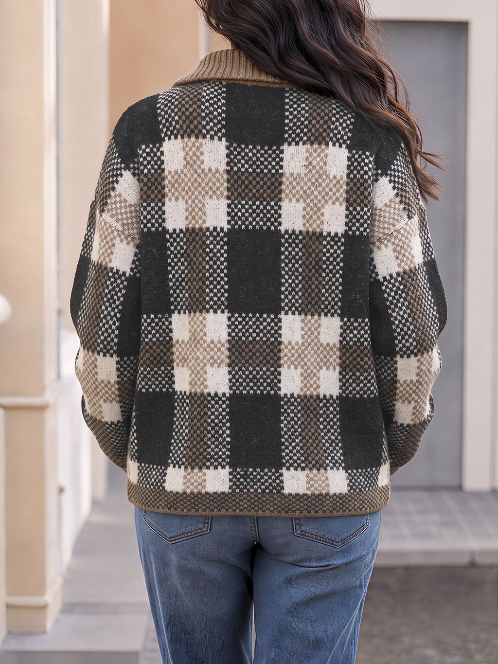 usvara Womens Plaid Color Block Zip Cardigan