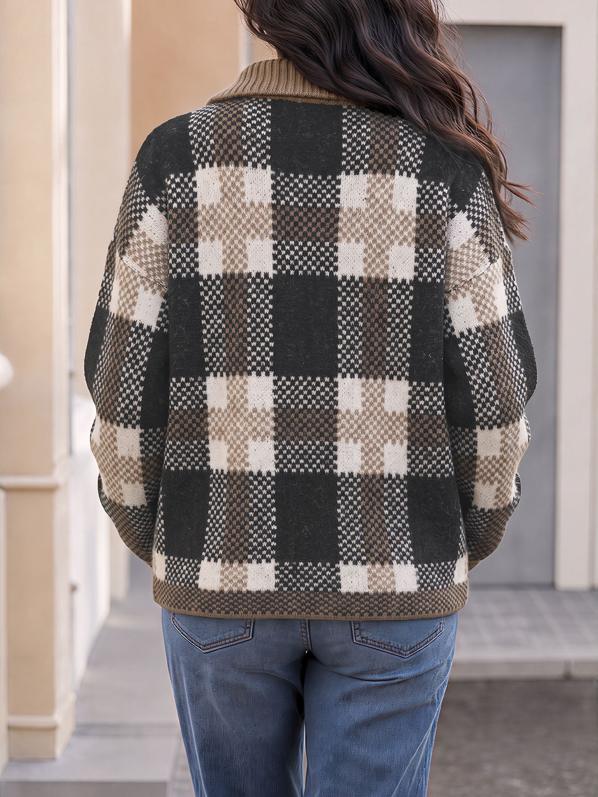 usvara Womens Plaid Color Block Zip Cardigan