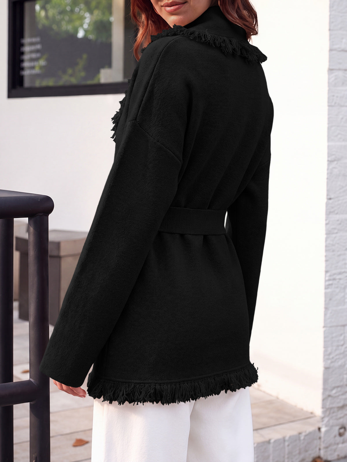 usvara Womens Tassel Fringe Lapel Cardigan
