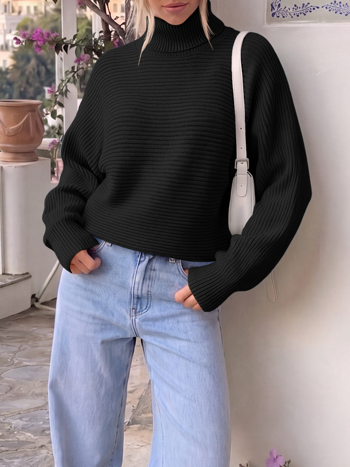 usvara Womens Batwing Sleeve Knit Turtleneck Sweater