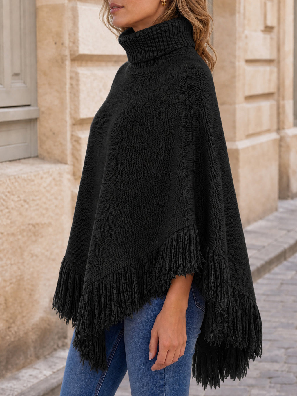 usvara Womens Fringe Turtleneck Poncho Sweater