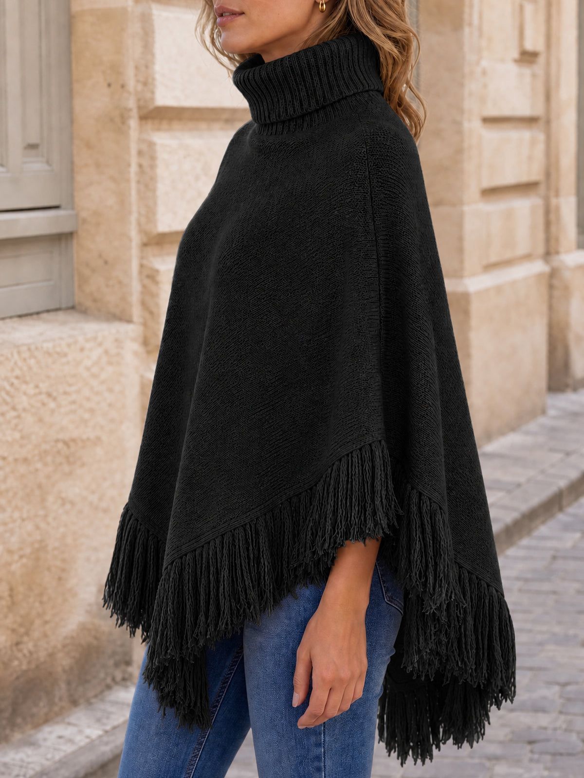 usvara Womens Fringe Turtleneck Poncho Sweater
