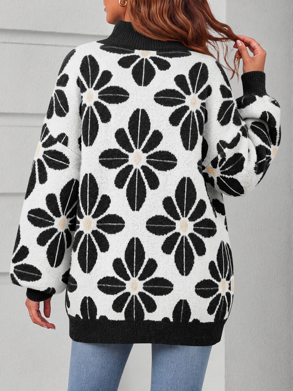 usvara Womens Floral Mock Neck Chunky Sweater