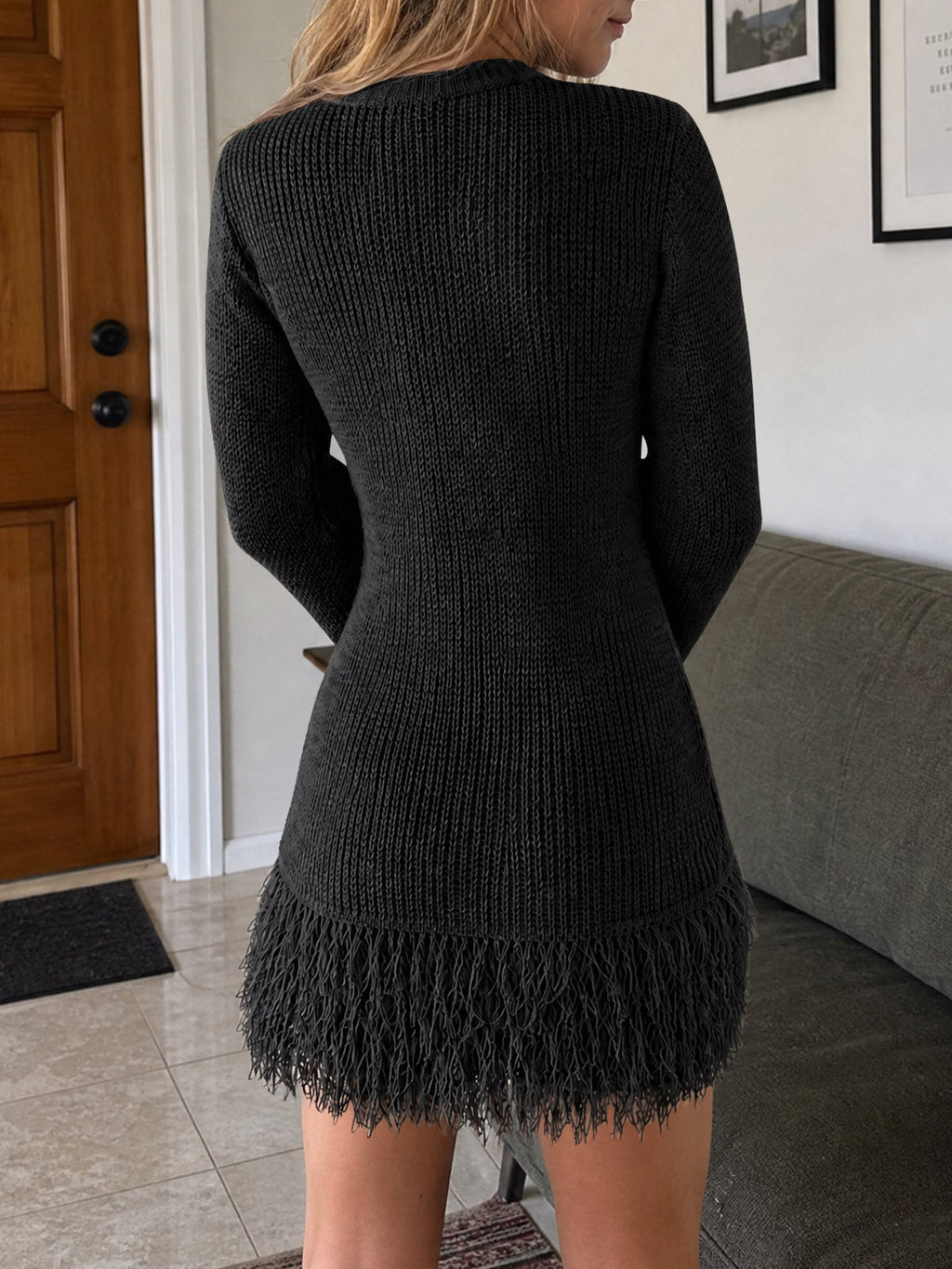usvara Womens Fringe Waffle Knit Sweater Dress