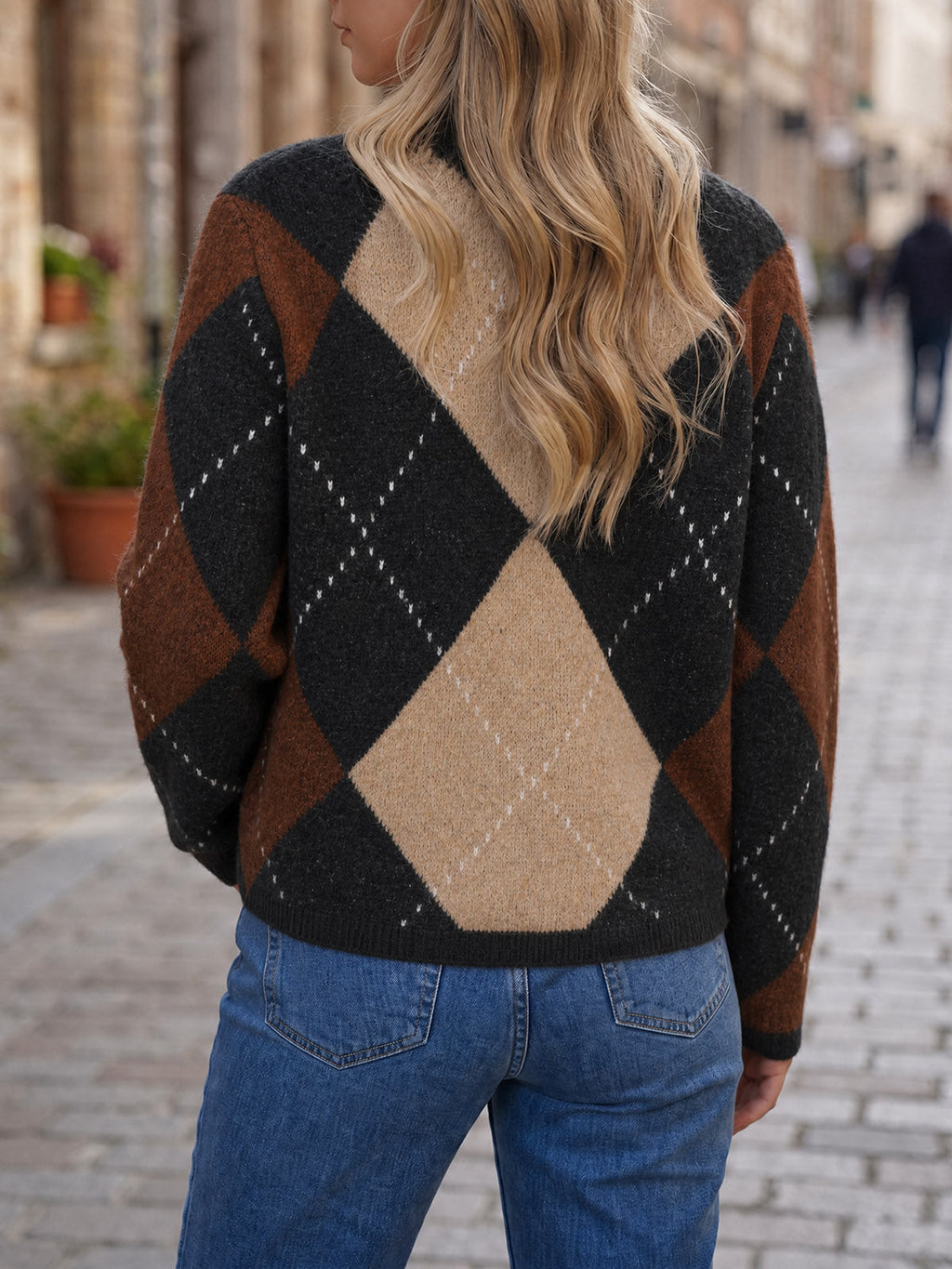 usvara Womens Argyle Crew Neck Knit Cardigan