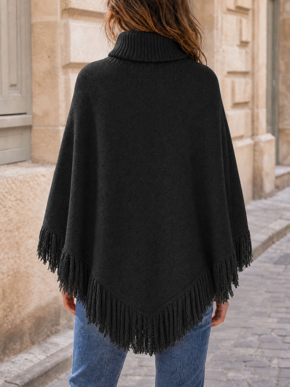 usvara Womens Fringe Turtleneck Poncho Sweater