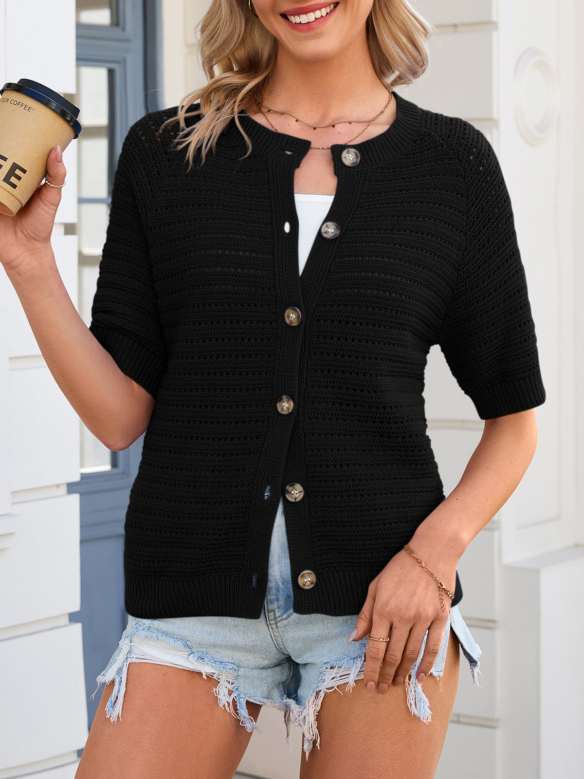 usvara Womens Crochet Short Sleeve Button Down Cardigan