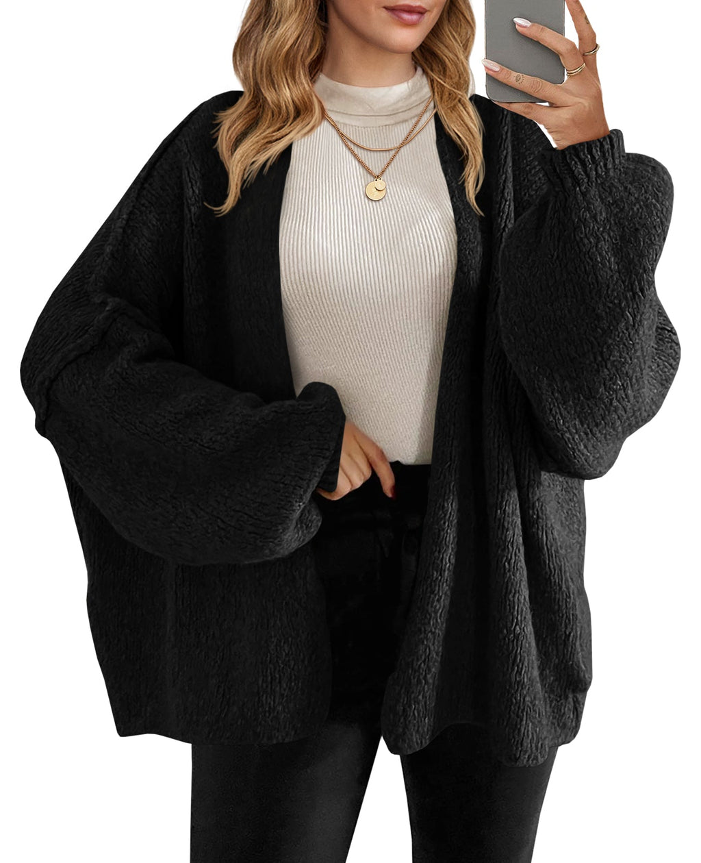 Usvara Womens Oversized Lantern Sleeve Chunky Knit Open-Front Cardigan Sweater