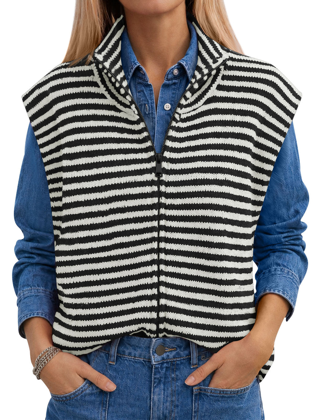 usvara Women Striped Zip Up Knit Cardigan