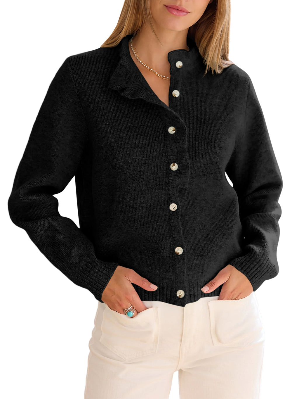 usvara Women Ruffle Mock Neck Knit Cardigan