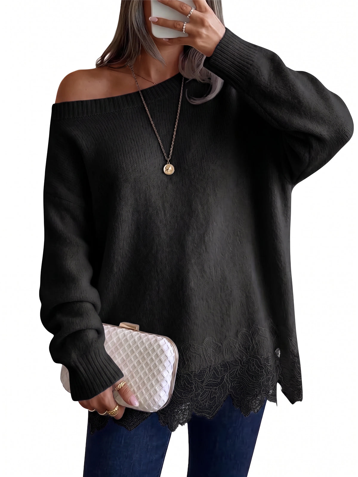 usvara Women Lace Patchwork Sweater