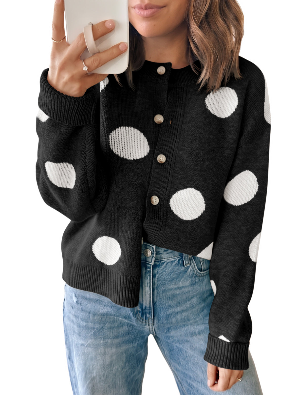 usvara Women Polka Dot Knit Cardigan