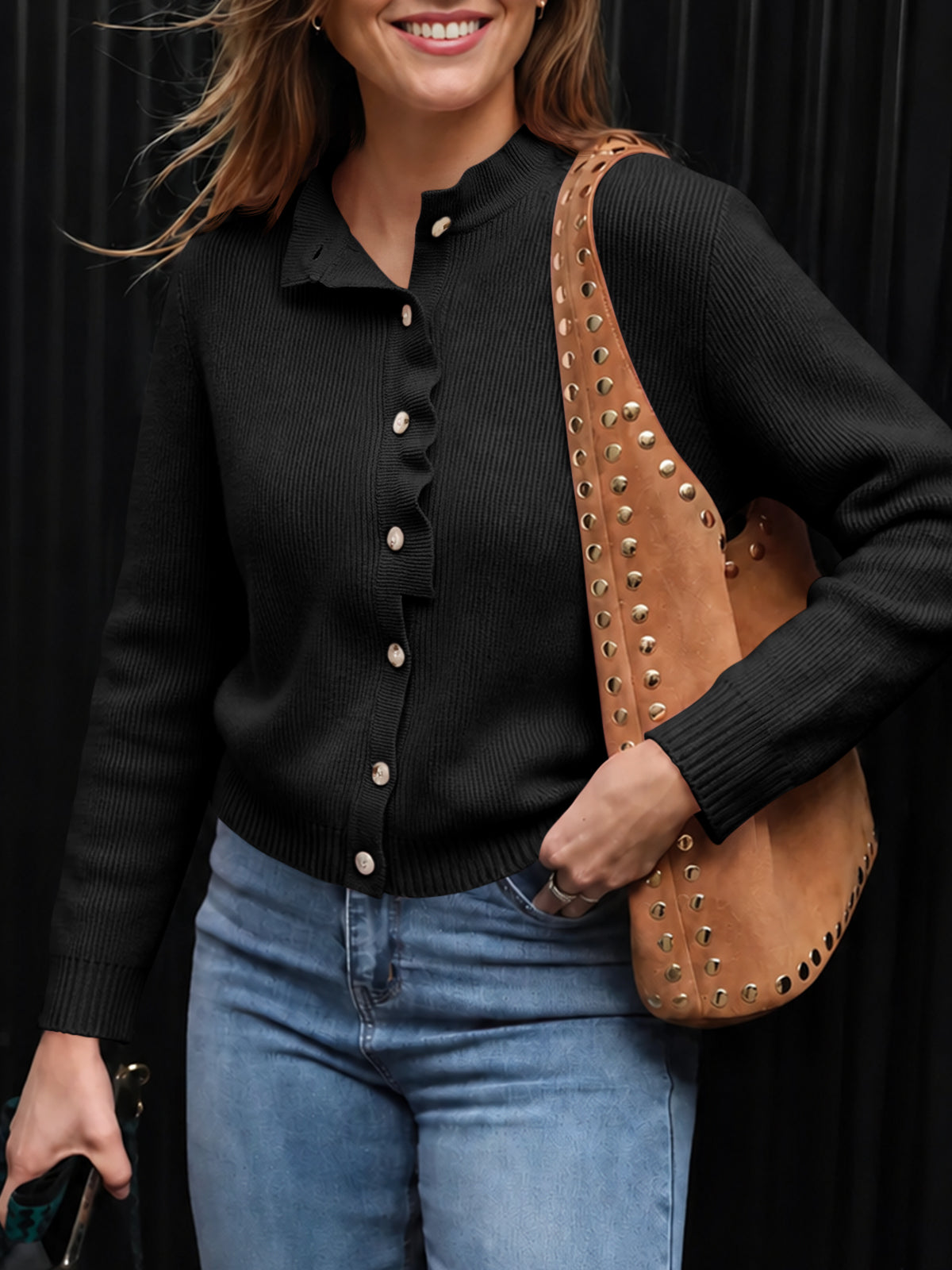 usvara Women Ruffle Mock Neck Knit Cardigan