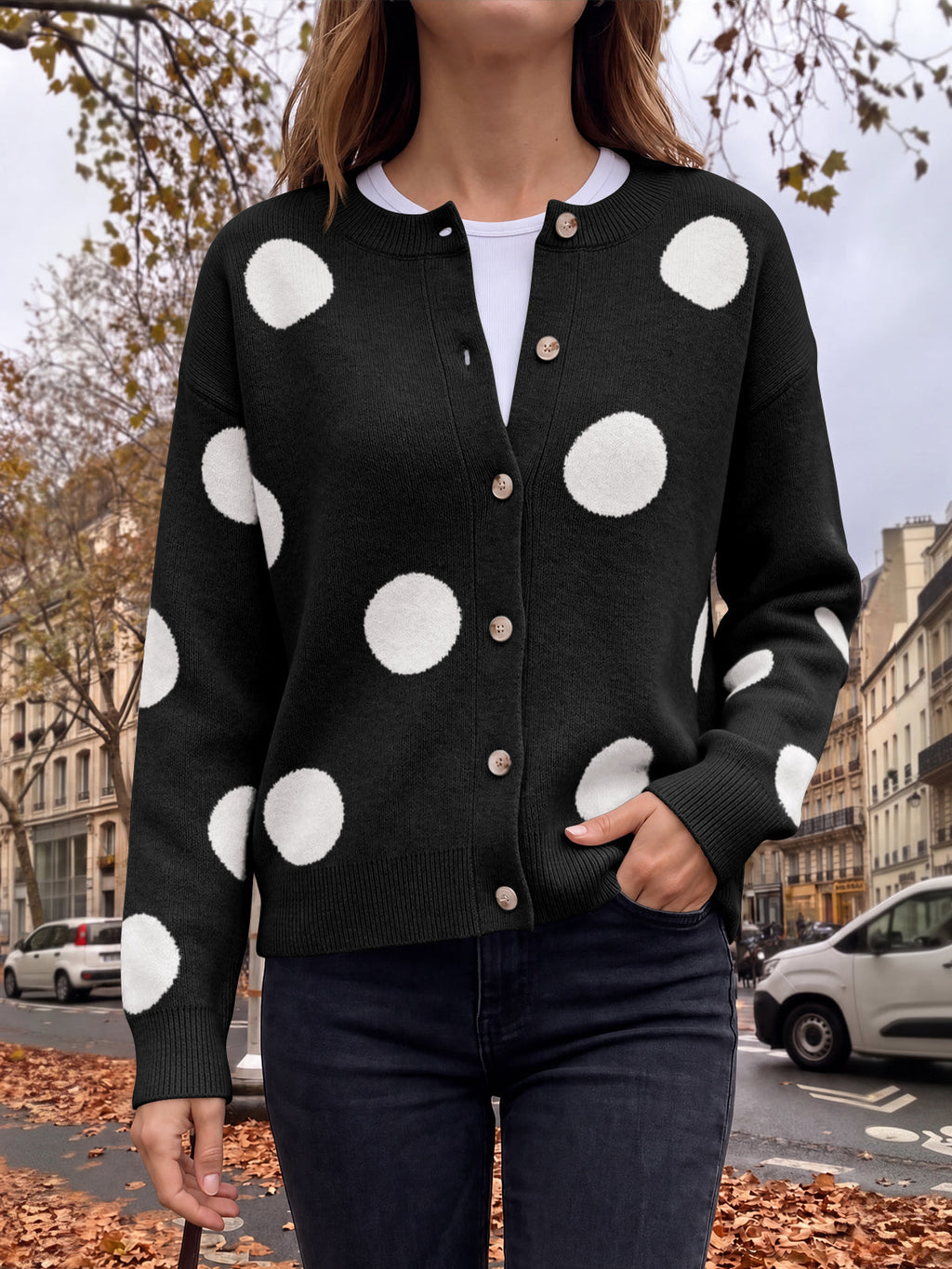 usvara Women Polka Dot Knit Cardigan