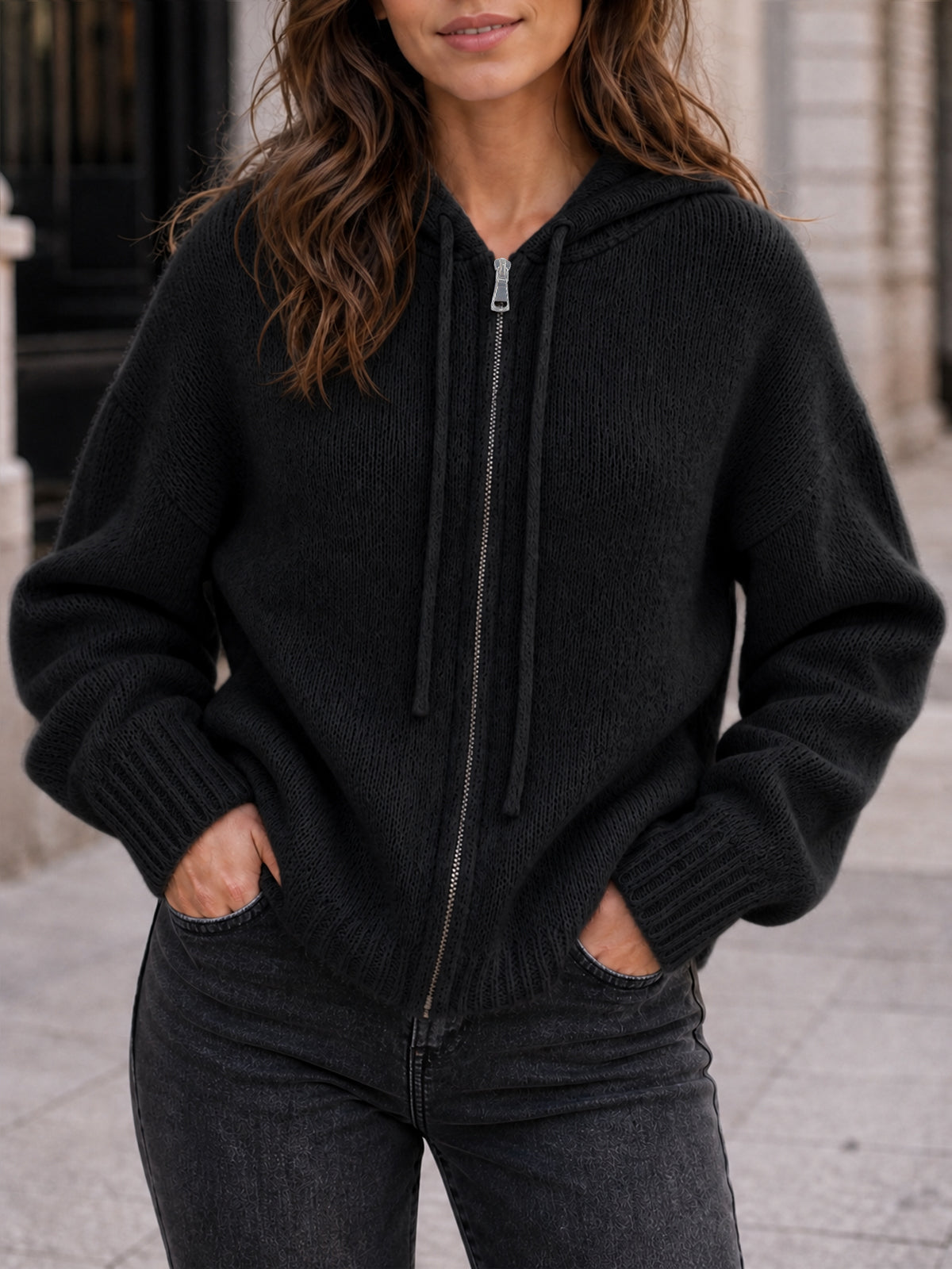 usvara Womens Zip Up Hooded Knit Cardigan