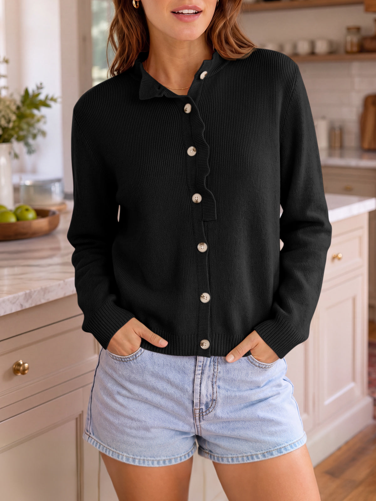 usvara Women Ruffle Mock Neck Knit Cardigan