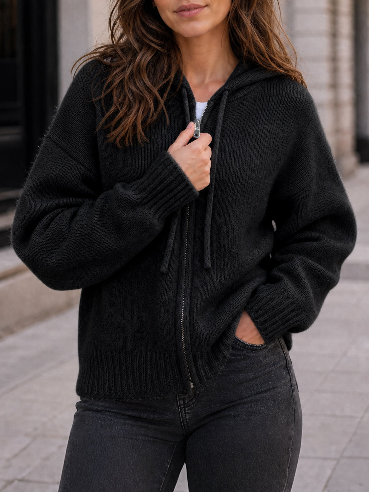 usvara Womens Zip Up Hooded Knit Cardigan