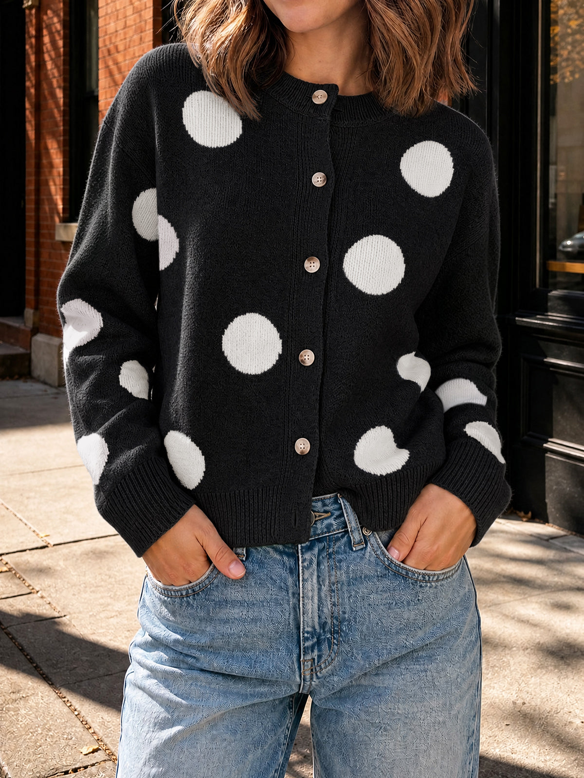 usvara Women Polka Dot Knit Cardigan