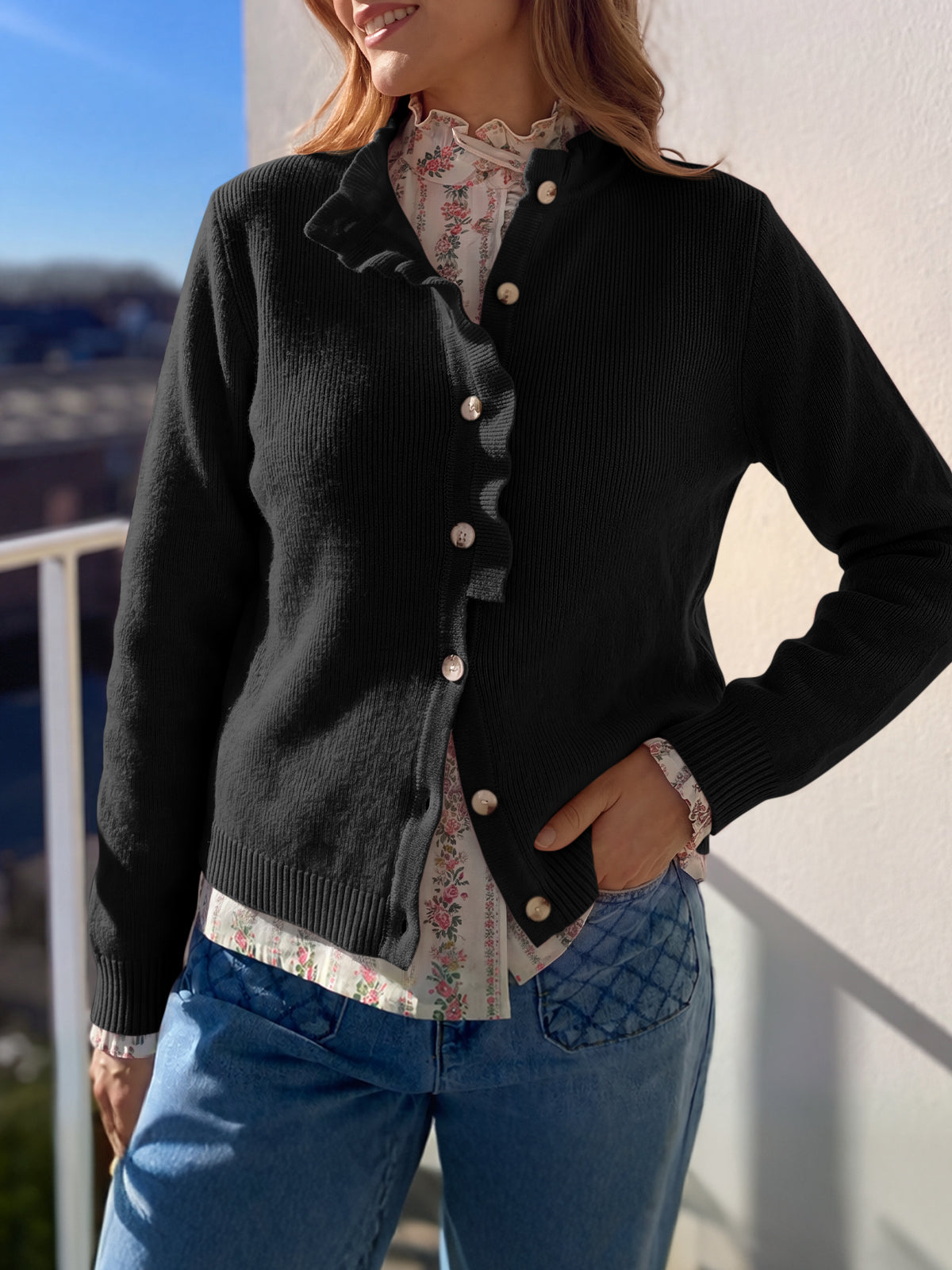 usvara Women Ruffle Mock Neck Knit Cardigan