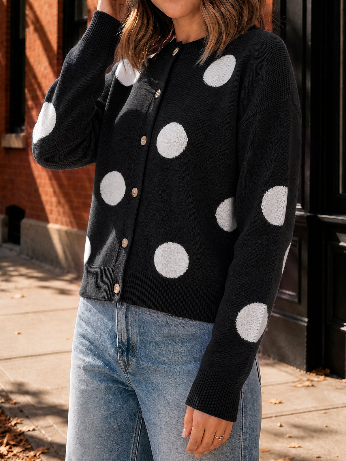 usvara Women Polka Dot Knit Cardigan