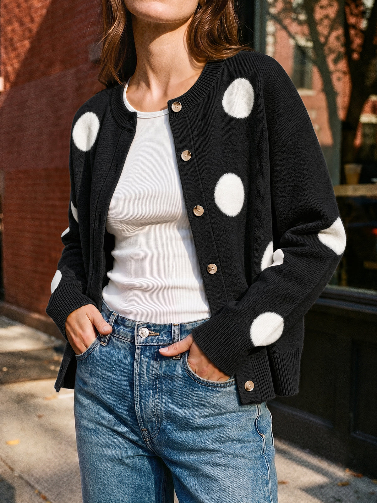 usvara Women Polka Dot Knit Cardigan