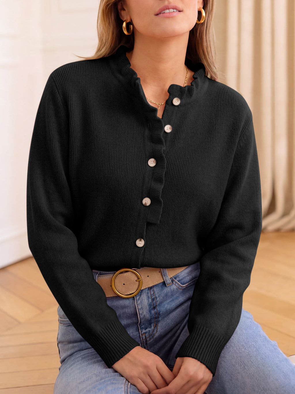usvara Women Ruffle Mock Neck Knit Cardigan
