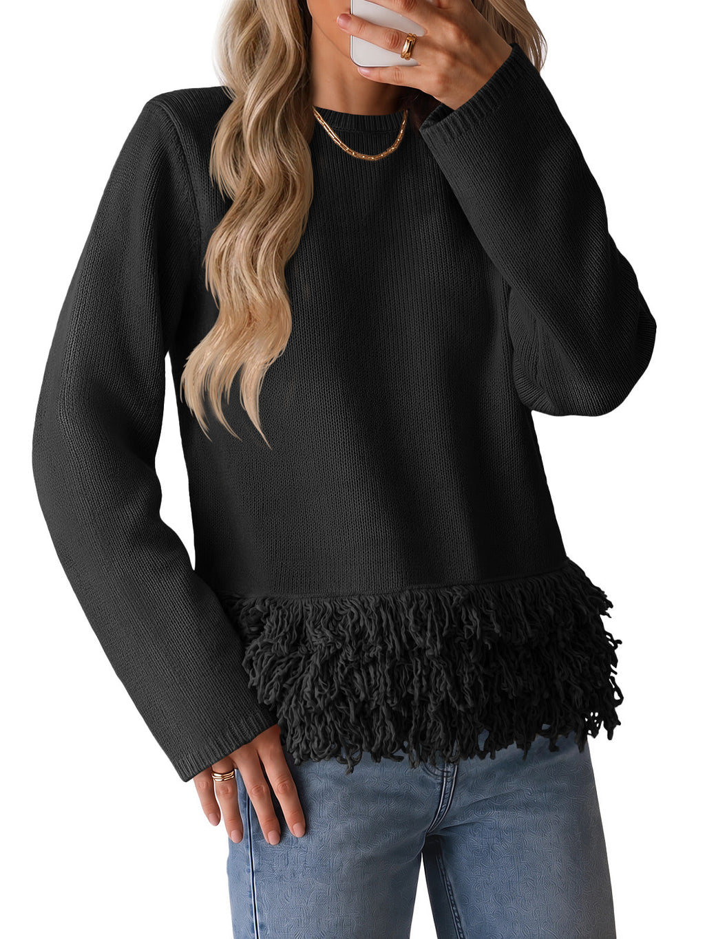 usvara Women Boho Fringe Knit Sweater