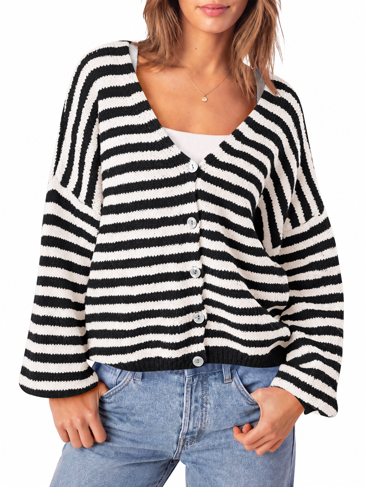 usvara Women Striped V-Neck Knit Cardigan Sweater