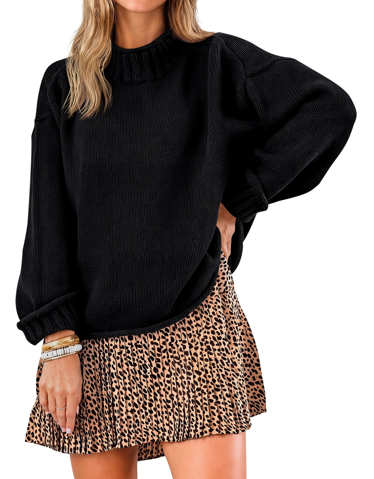 usvara Women Mock Neck Chunky Knit Tops