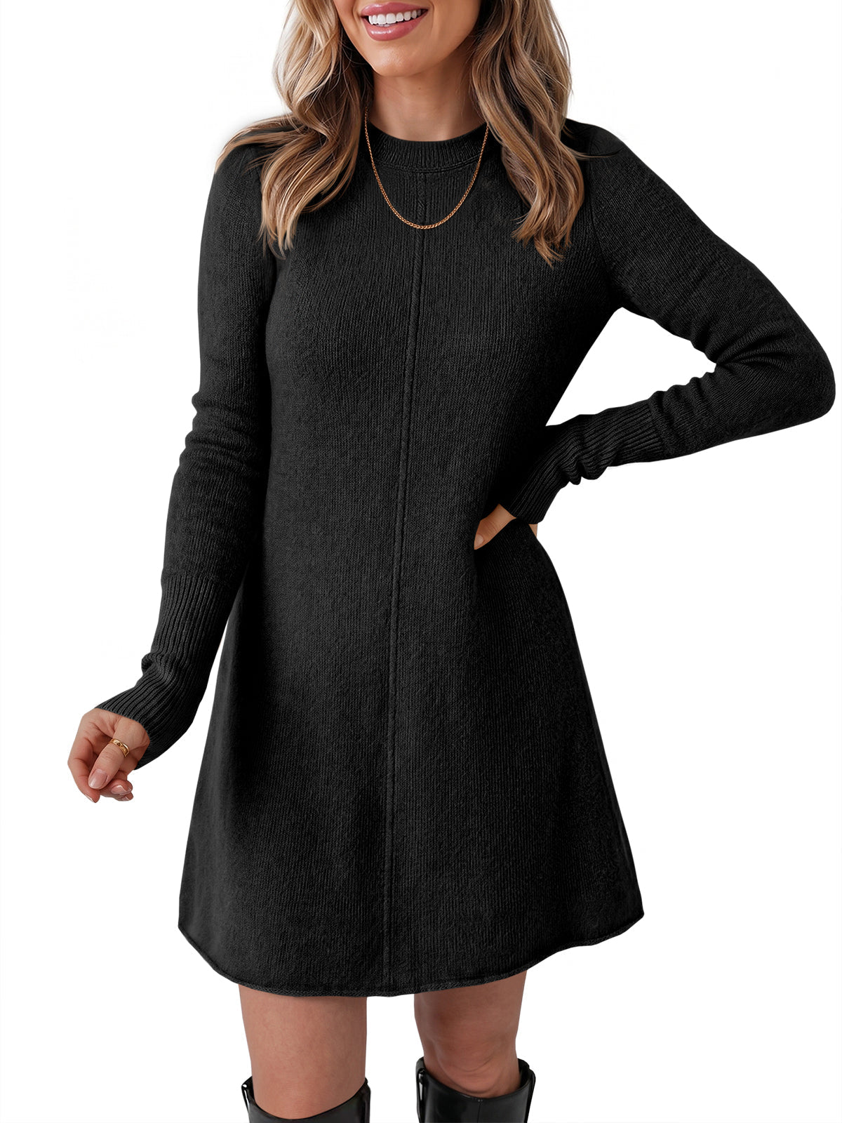 usvara Women Long Sleeve Knit Fit Flare Mini Sweater Dress