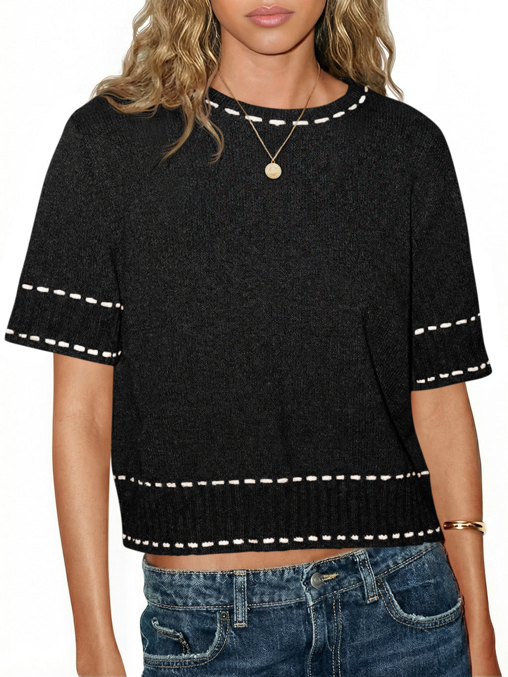 usvara Womens Cropped Crew Neck Knit Sweater