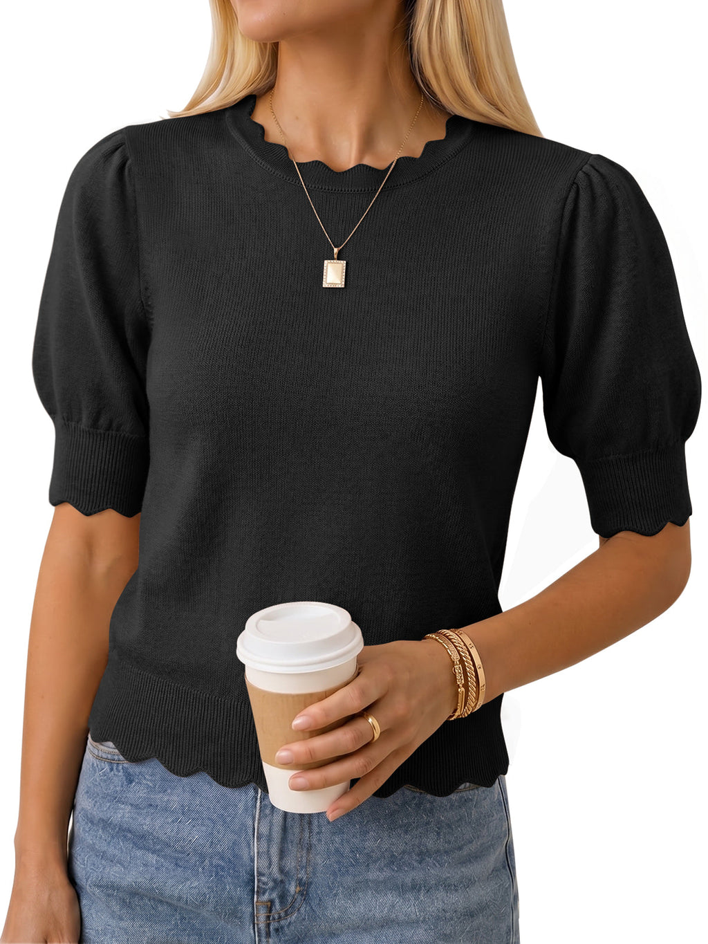 usvara Women Puff Sleeve Knit Top