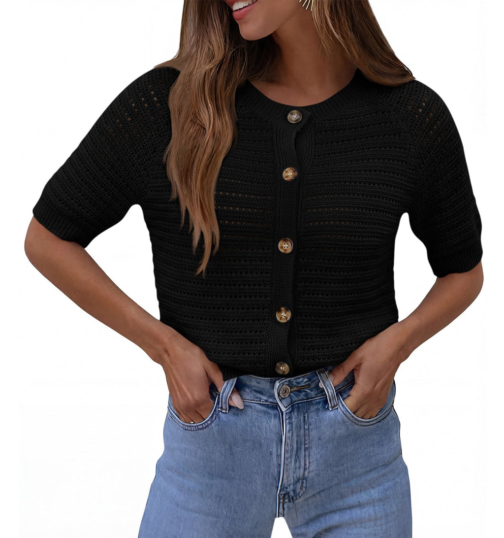 usvara Womens Crochet Short Sleeve Button Down Cardigan