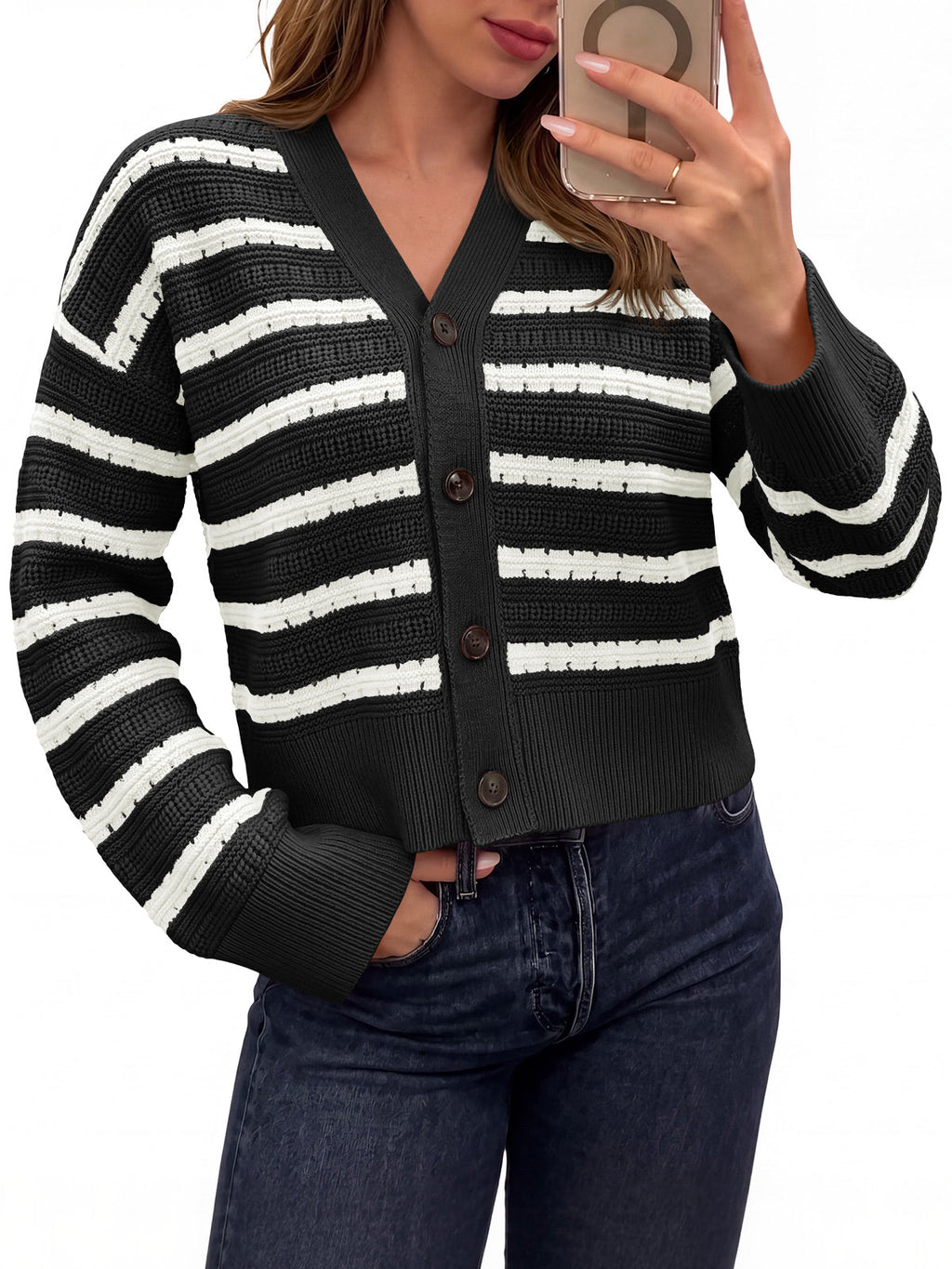 usvara Womens Striped Crochet Cardigan Tops