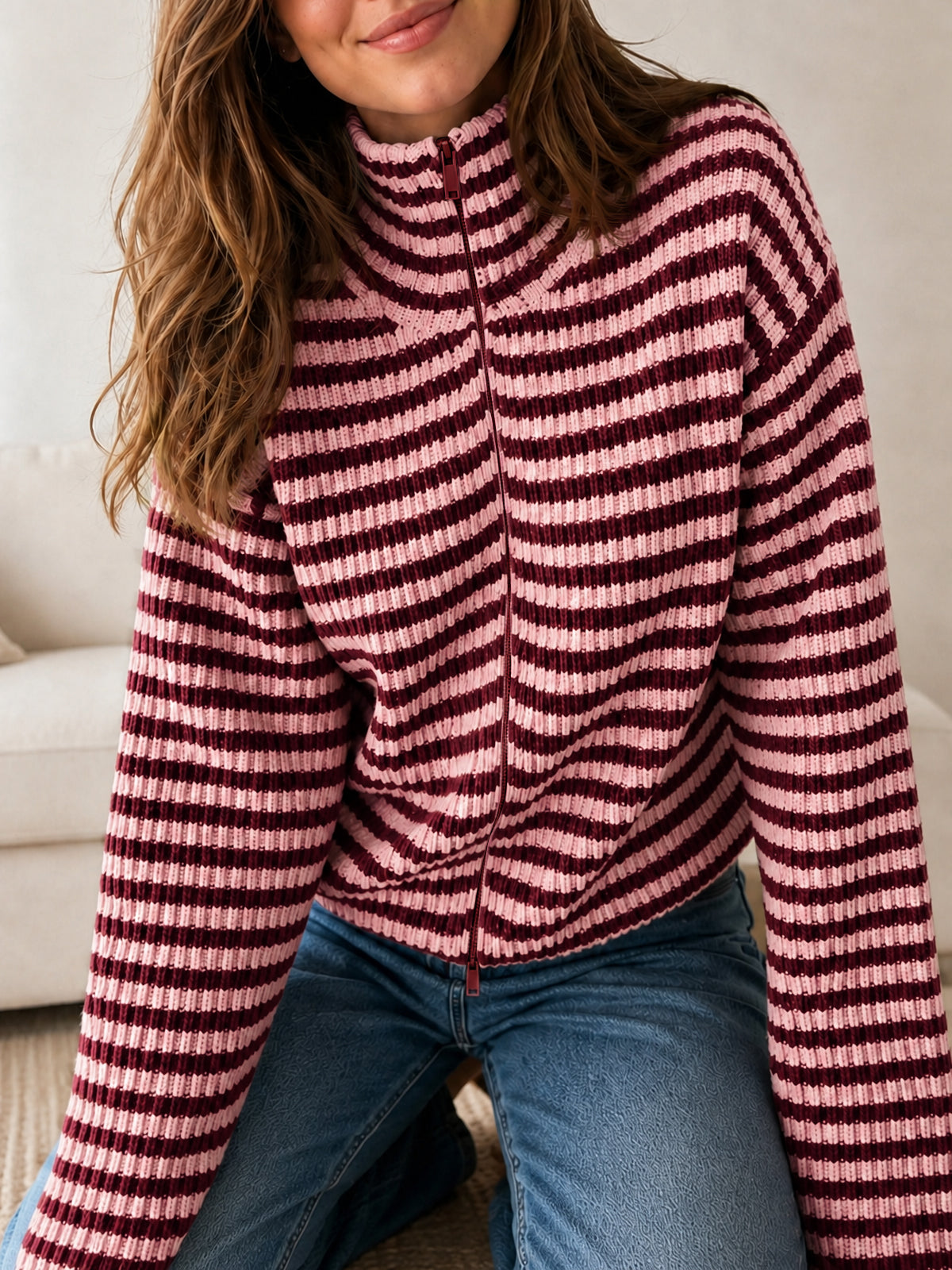 usvara Womens Striped Zip Knit Cardigan
