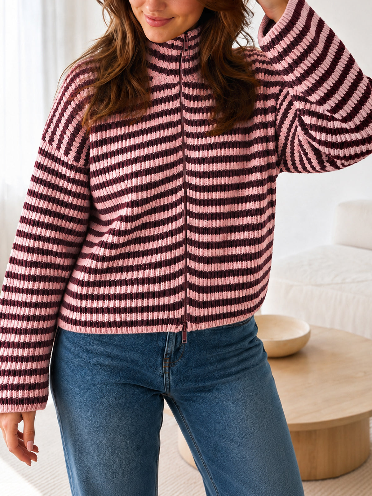 usvara Womens Striped Zip Knit Cardigan