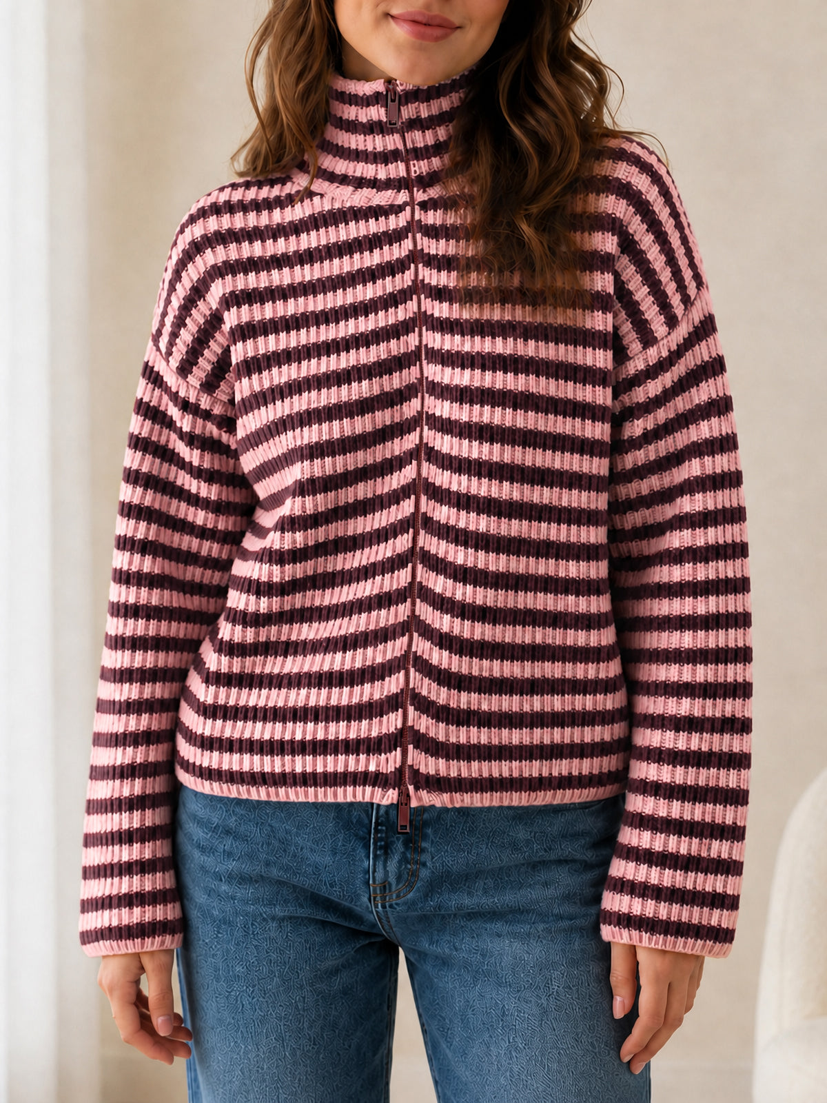 usvara Womens Striped Zip Knit Cardigan