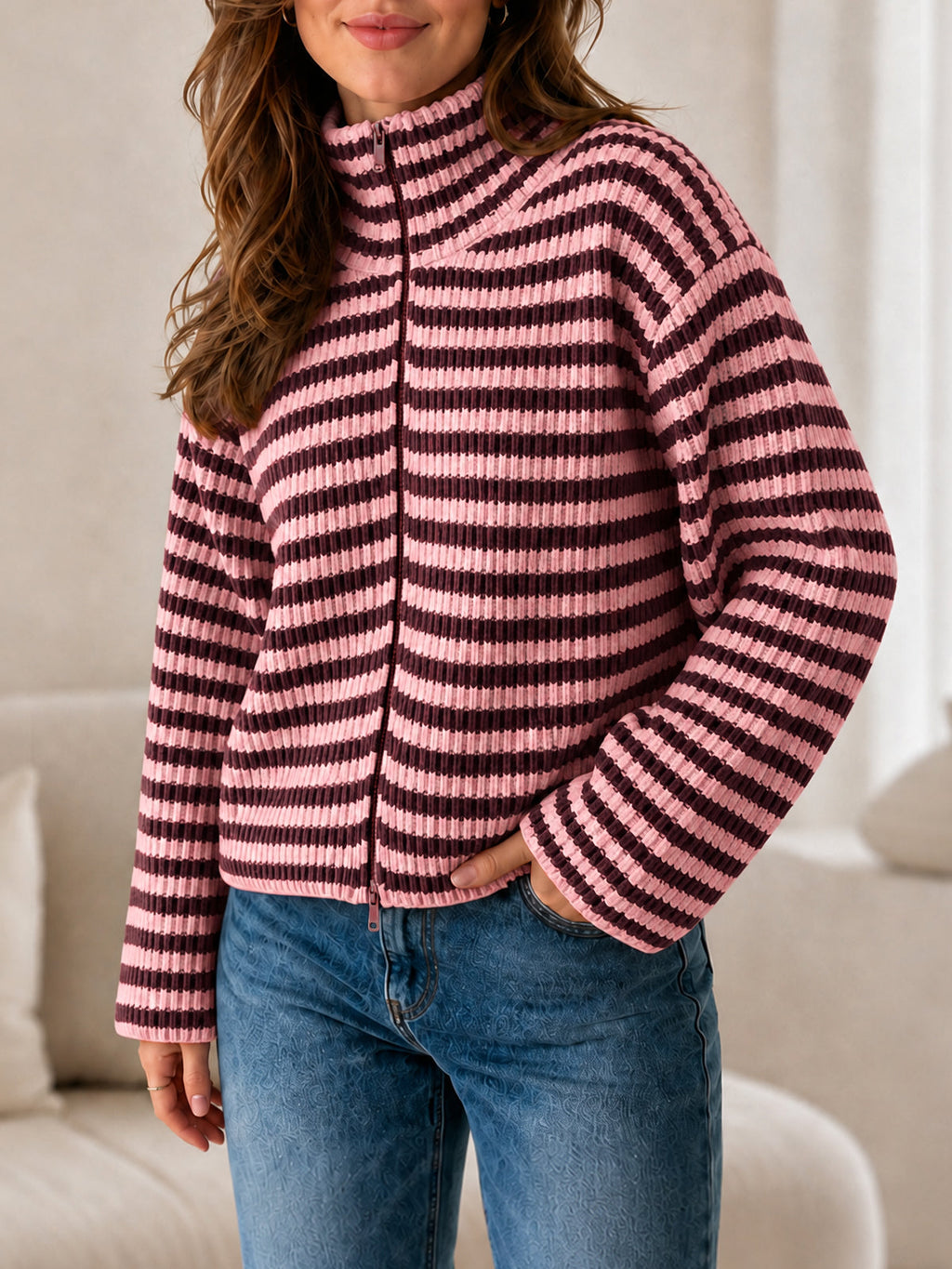 usvara Womens Striped Zip Knit Cardigan