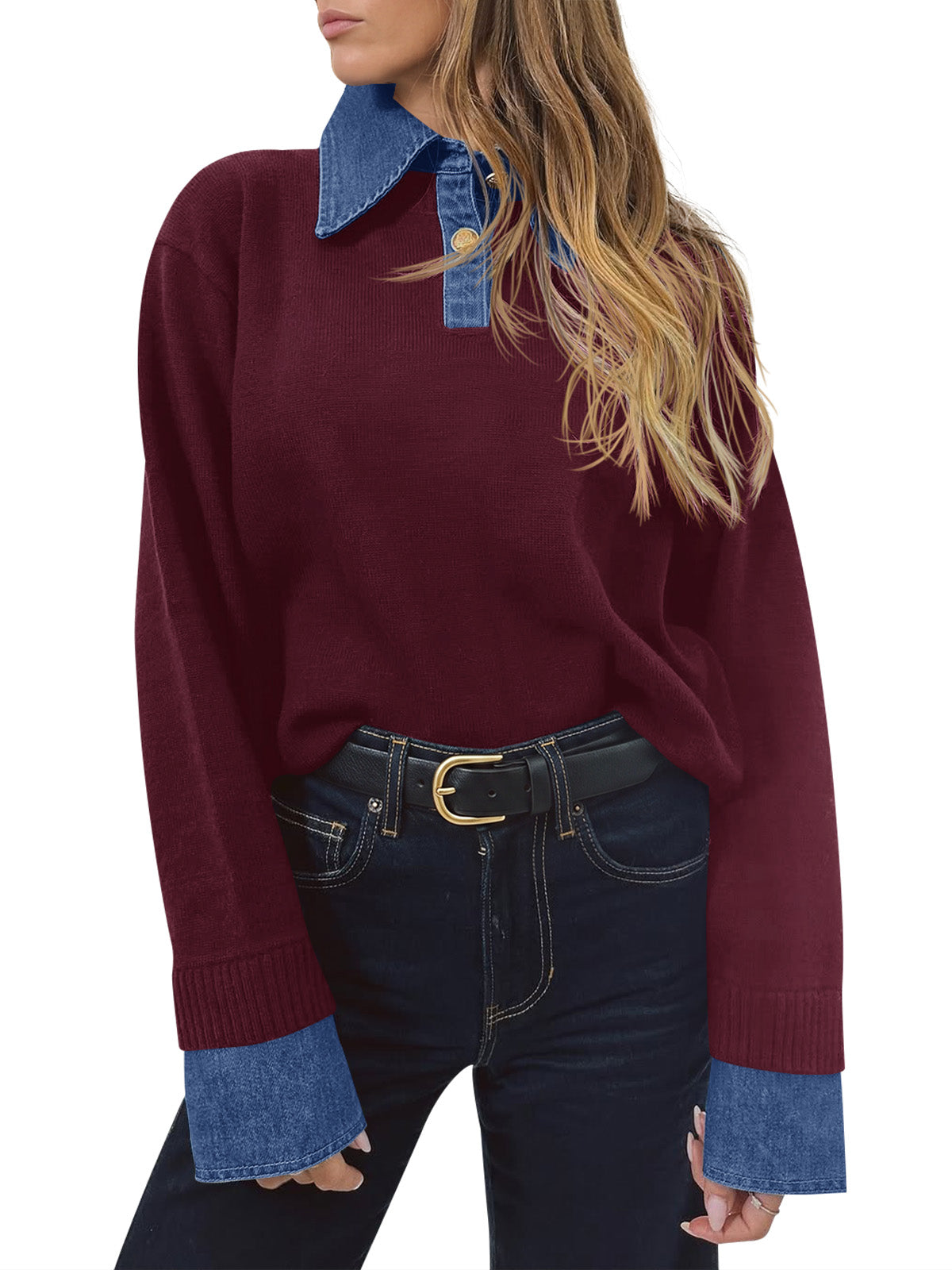 usvara Women Denim Patchwork V Neck Sweater Tops