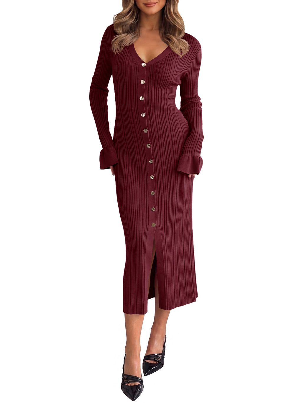 usvara Womens V Neck Midi Sweater Dress