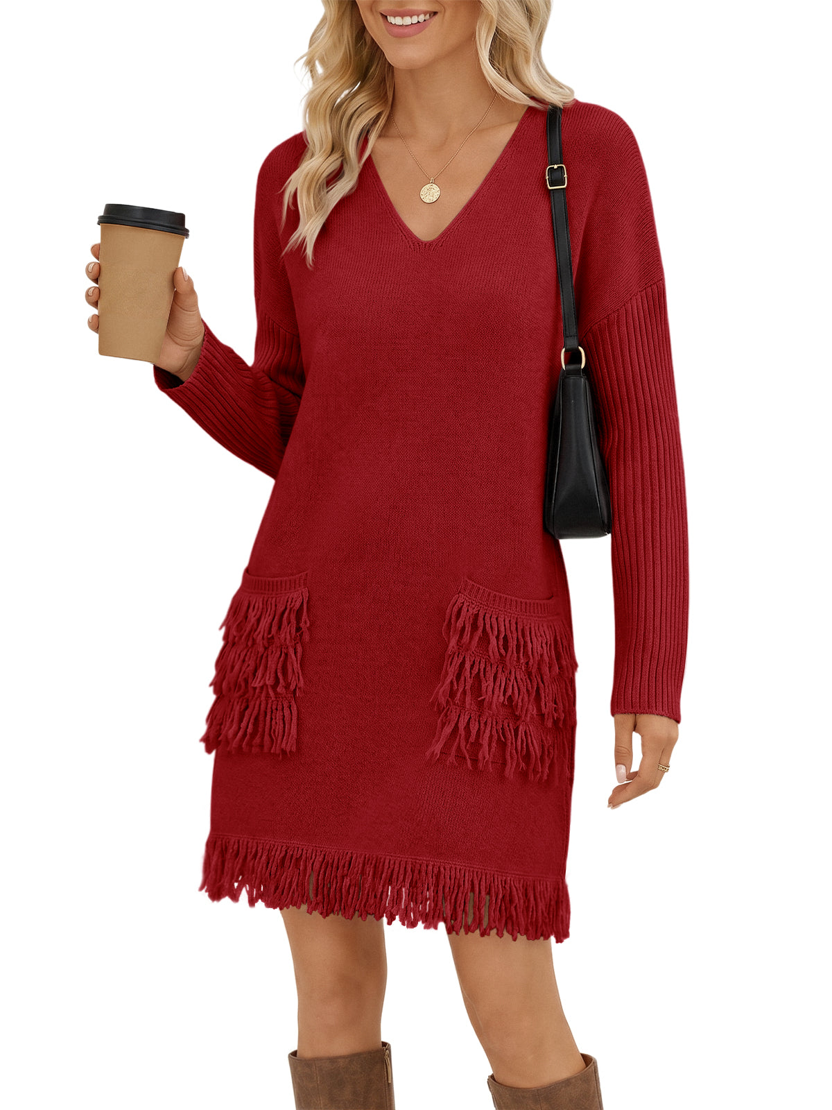 usvara Womens V Neck Sweater Dress