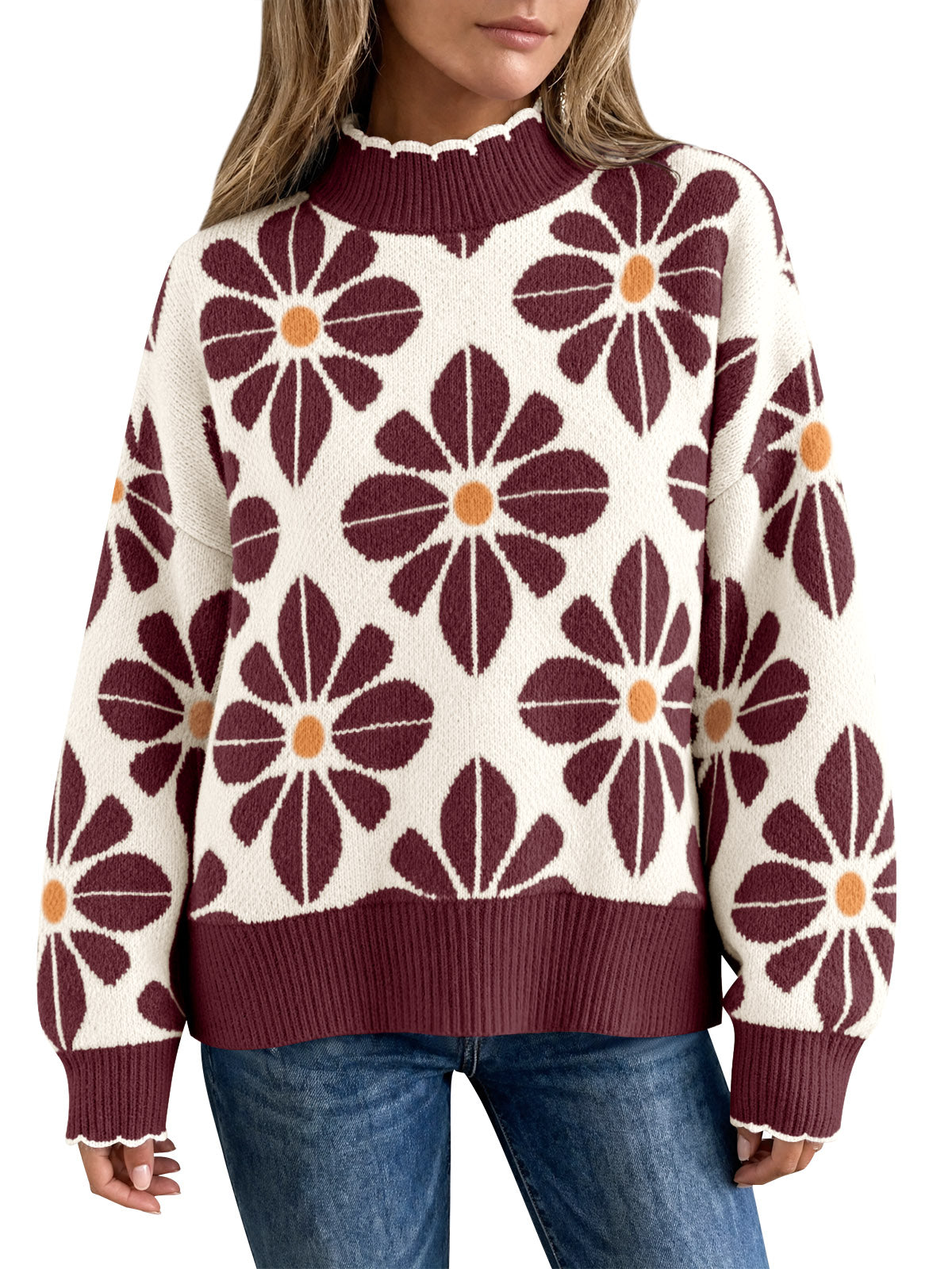 usvara Womens Mock Neck Floral Knit Sweater