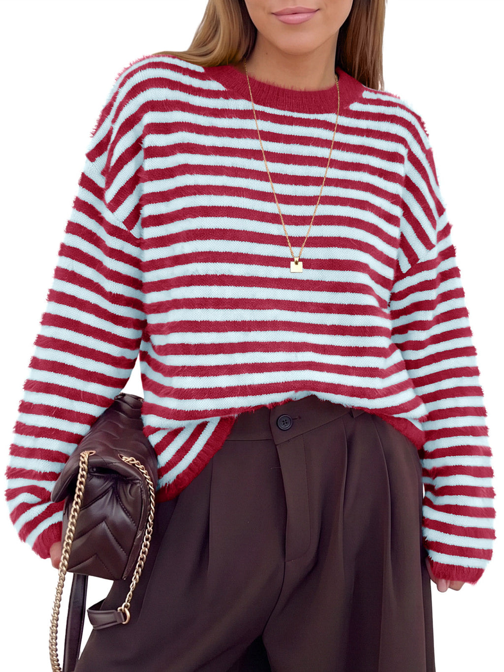 usvara Womens Fuzzy Crew Neck Striped Sweaters