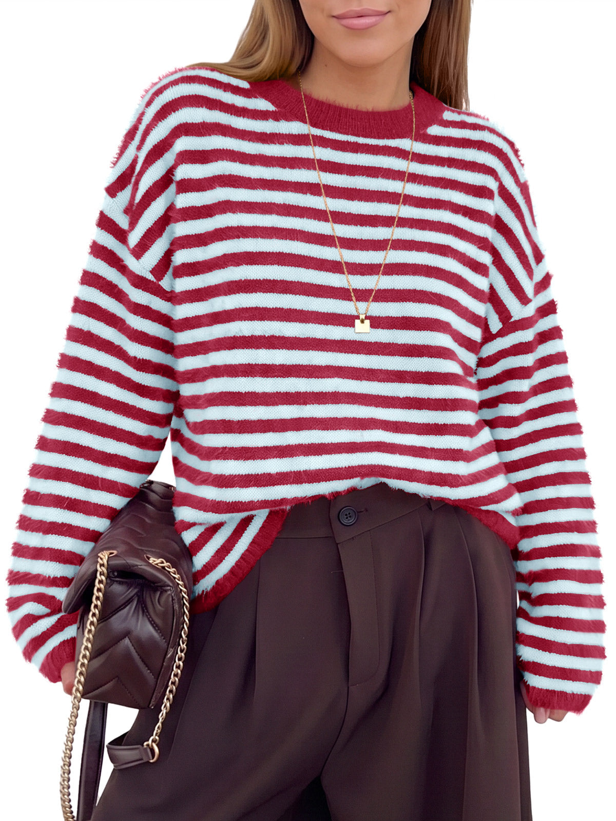 usvara Womens Fuzzy Crew Neck Striped Sweaters